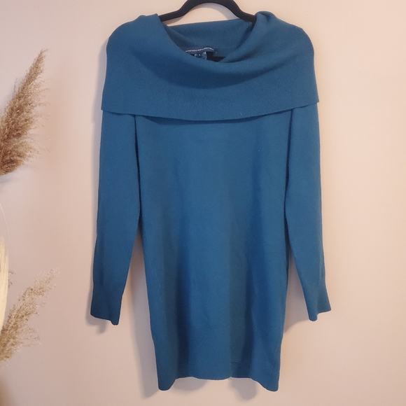 FCUK Long Sleeve Cowl Neckline Mini Sweater Dress in Green - Picture 3 of 12